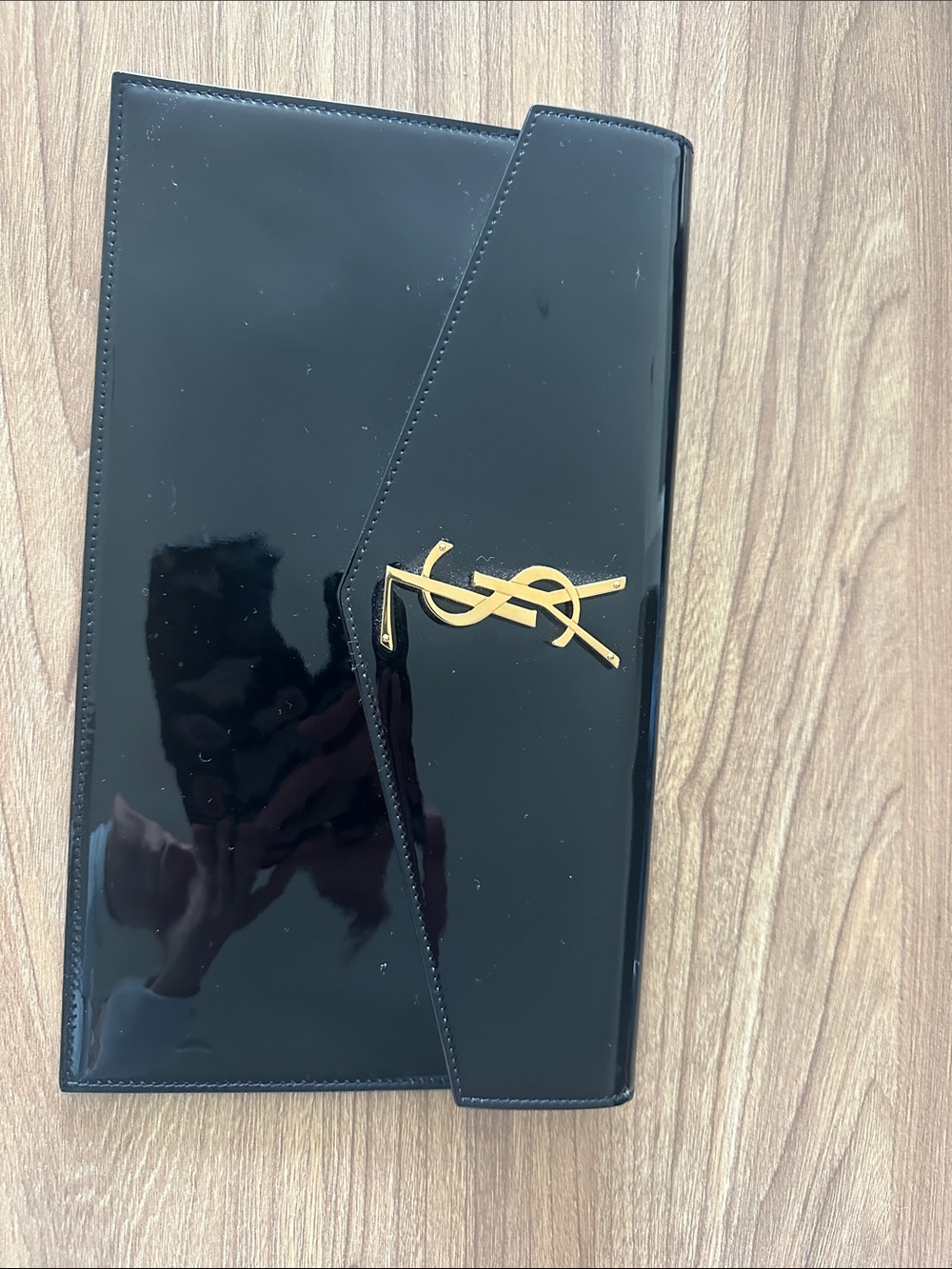 Saint Laurent Black Patent Leather YSL Logo Envelope Clutch